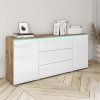 Buffet commode 3 tiroirs 2 portes chêne et blanc avec LED