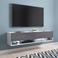 Meuble TV suspendu 2 portes 2 niches blanc et gris XL - 140 cm