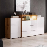 Buffet commodes 2 portes 3 tiroirs chêne et blanc avec LED