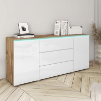 Buffet commode 3 tiroirs 2 portes chêne et blanc avec LED