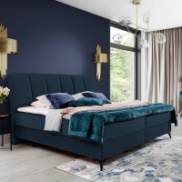 Lit boxspring 140x200 avec coffre de rangement en velours bleu foncé JOSIE