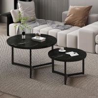 Lot de 2 tables basses rondes en marbre piètement métal noir