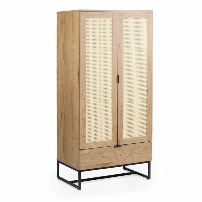 Armoire penderie 2 portes 1 tiroir en bois métal et cannage  ARRIANE