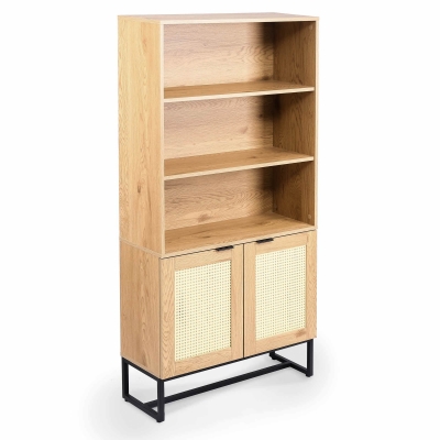 Bibliothèque scandinave 2 portes 2 étagères en bois métal et cannage ARRIANE