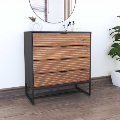 Commode industrielle 4 tiroirs en bois noyer et métal noir