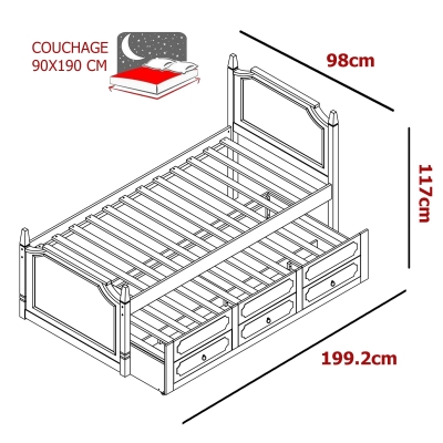 Lit gigogne 90 x 190 cm avec tiroirs en bois gris