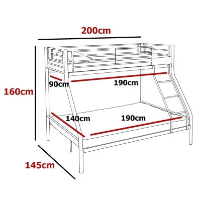 Lit superposé en métal en 90x190 cm + 140x190 cm