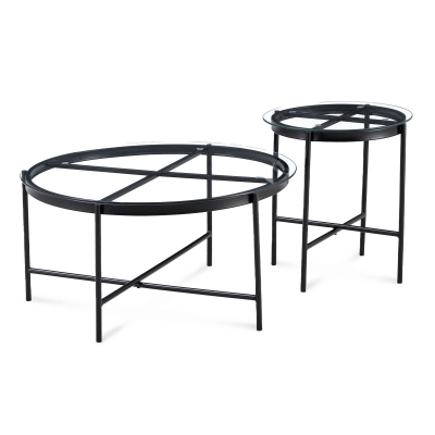 Lot de 2 tables basses rondes en verre trempé et métal noir