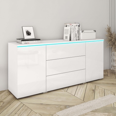 Buffet commode 3 tiroirs 2 portes blanc avec LED