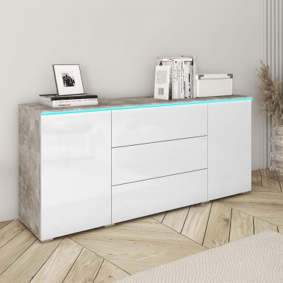 Buffet commode 3 tiroirs 2 portes blanc et béton avec LED