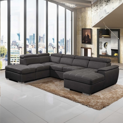 Canapé panoramique convertible avec coffre de rangement en tissu gris- Angle Droit