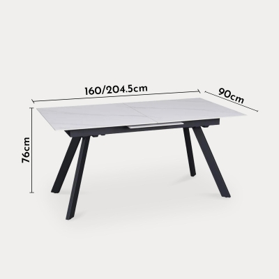 Table à manger rectangulaire extensible en céramique blanc pieds en métal noir