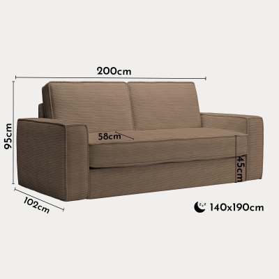 Canapé 3 places convertible rapido velours côtelé taupe matelas 14 cm