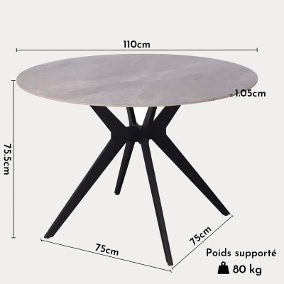 Table à manger ronde pierre frittée gris piètement en métal noir