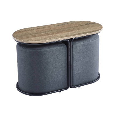 Ensemble table basse couleur bois avec 2 poufs encastrables en tissu gris foncé