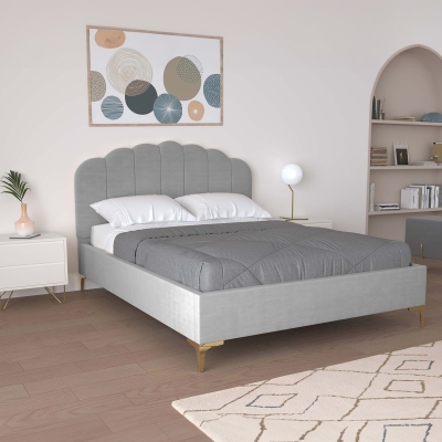 Lit double design en velours gris 140x190 cm