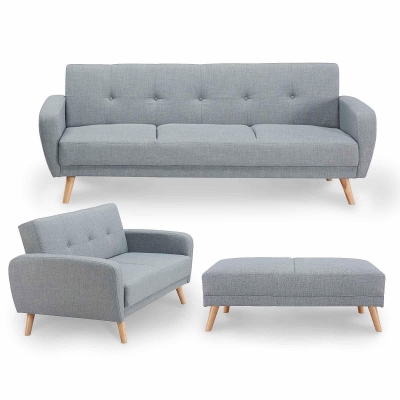 Ensemble canapé convertible gris avec pouf