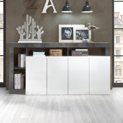 Buffet 4 portes et 4 niches gris et blanc