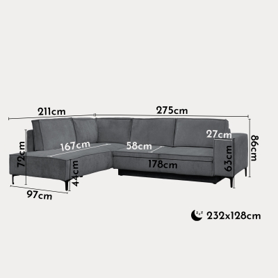 Canapé d'angle convertible en tissu gris foncé - Angle gauche