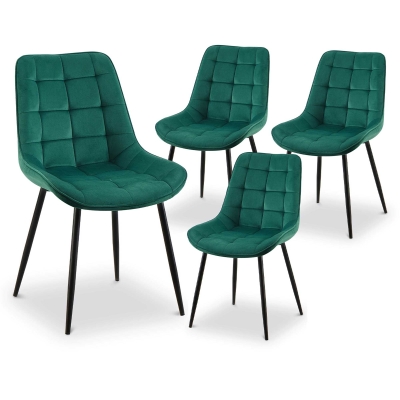 Lot de 4 chaises capitonnées en velours vert pieds en métal noir