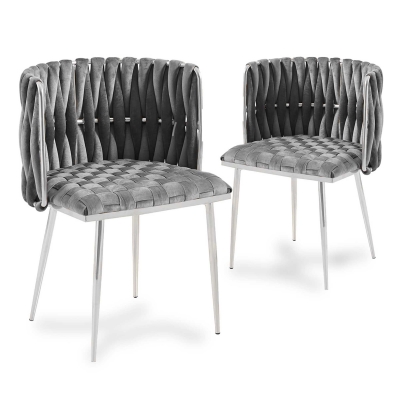 Lot de 2 chaises en velours tressé gris et pieds argentés