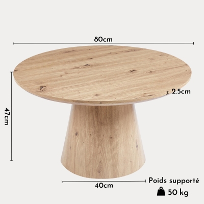 Table basse ronde en bois couleur chêne vieilli piètement en cône