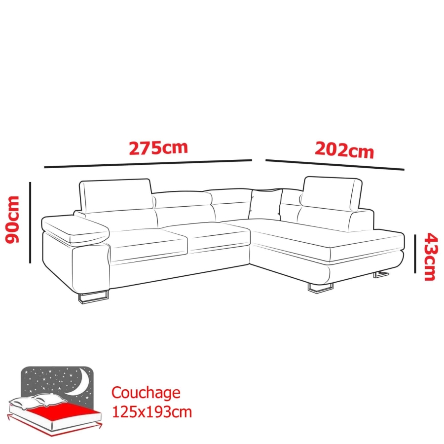 Canapé d'angle convertible gris et blanc coffre de rangement - Angle Droit