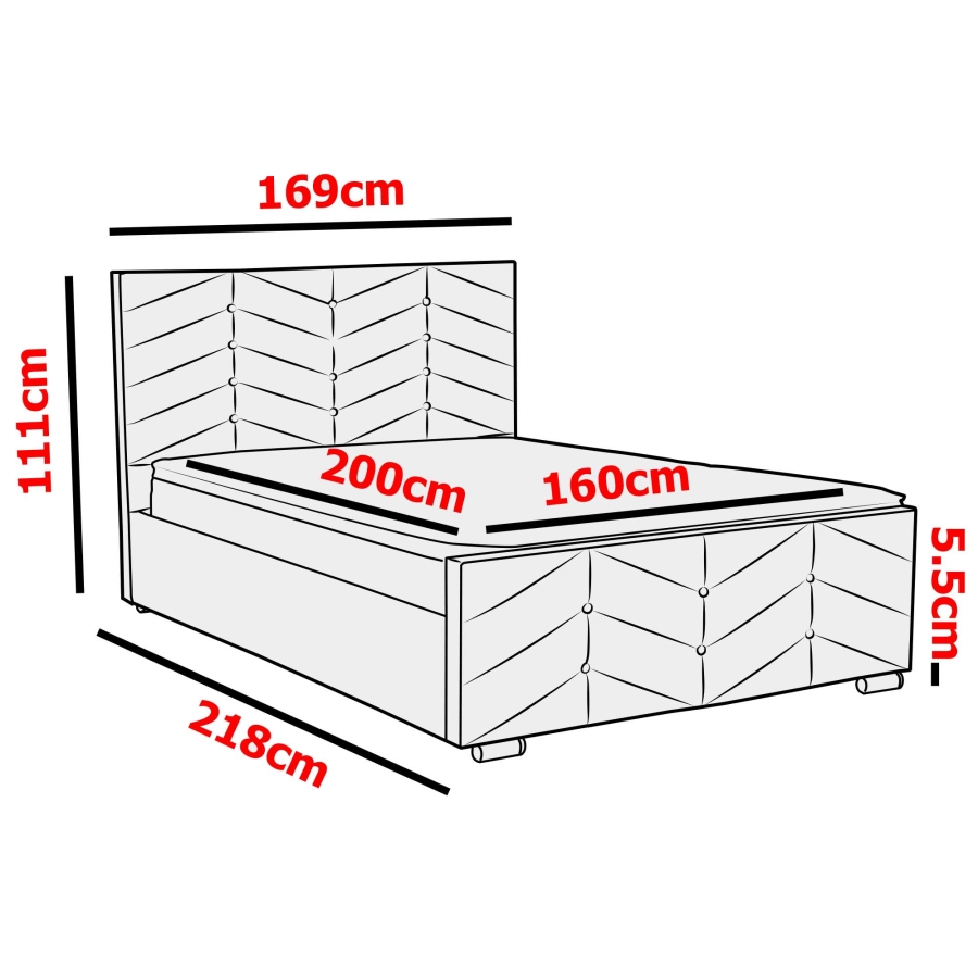 Lit coffre pour 2 personnes en velours gris 160x200 cm