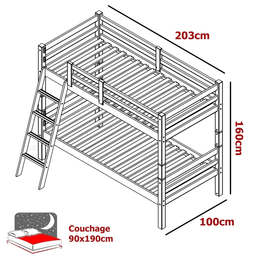 Lit superposé séparable en bois blanc 90 x 190 cm