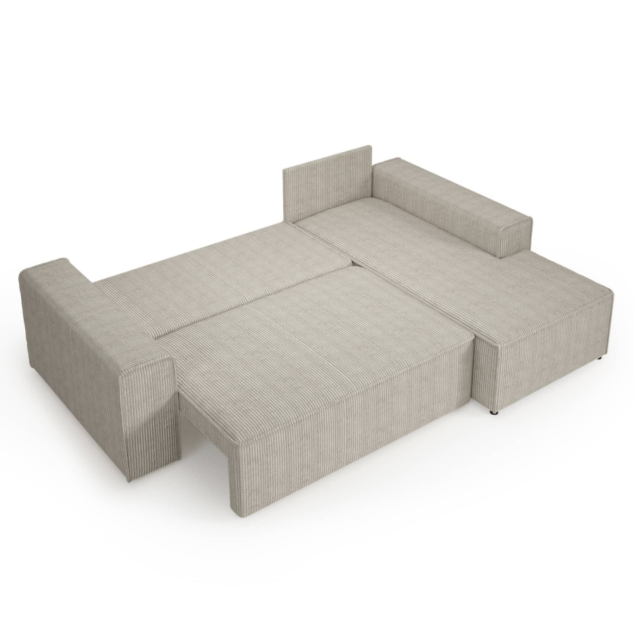 Canapé d'angle droit convertible avec coffre en velours côtelé beige