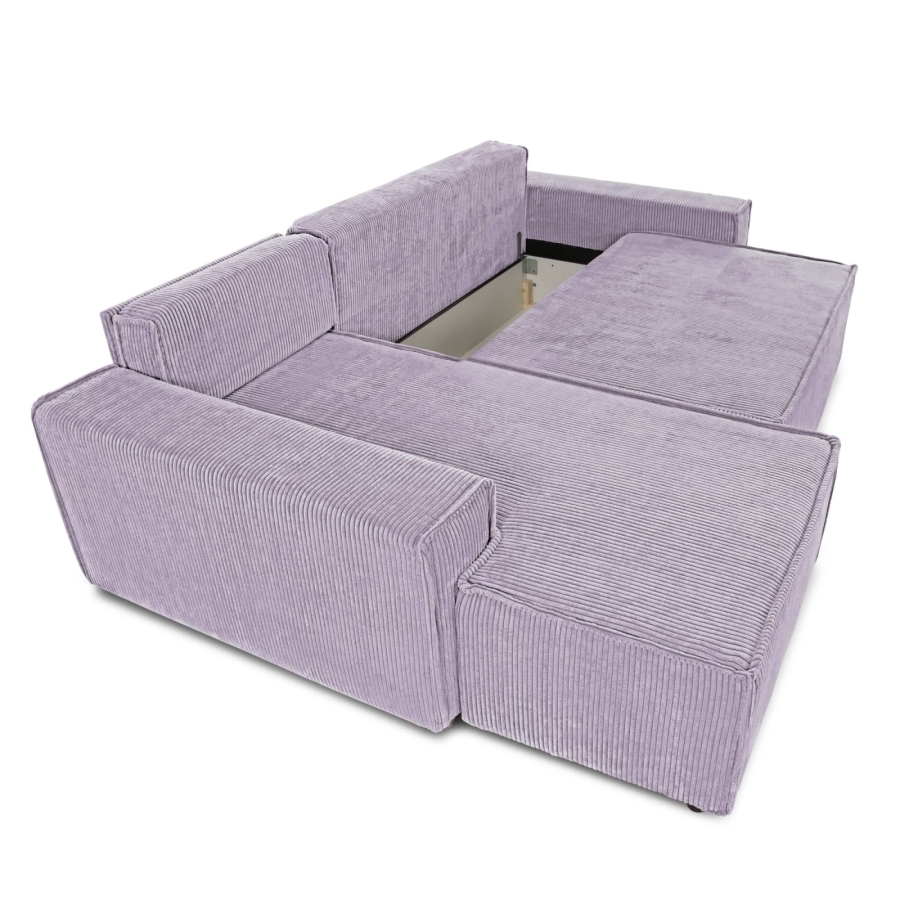 Canapé d'angle gauche convertible avec coffre en velours cotelé lilas