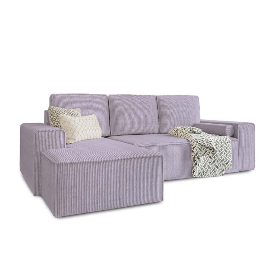 Canapé d'angle gauche convertible avec coffre en velours cotelé lilas