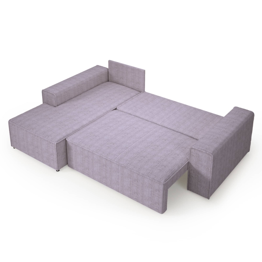 Canapé d'angle gauche convertible avec coffre en velours cotelé lilas