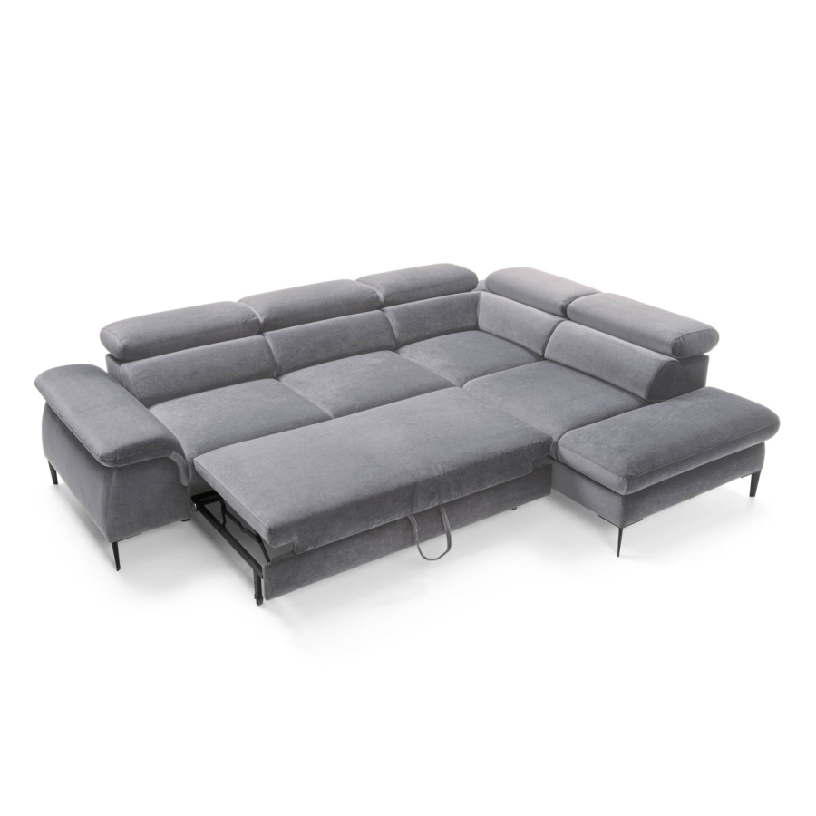 Canapé d'angle convertible avec coffre de rangement en velours gris clair DAYAN - Angle droit