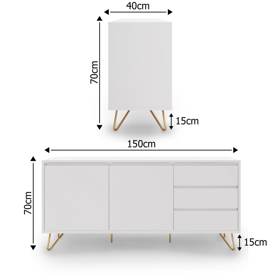 Buffet enfilade blanc équipé de 3 tiroirs et 2 portes