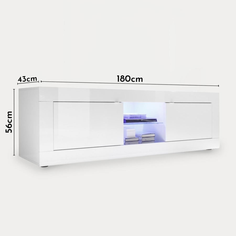 Meuble TV  2 portes et 2 niches blanc à LED