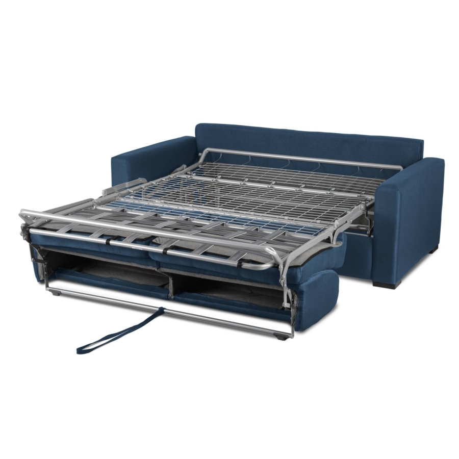 Canapé convertible 3 places en tissu bleu denim ouverture express matelas 18 cm