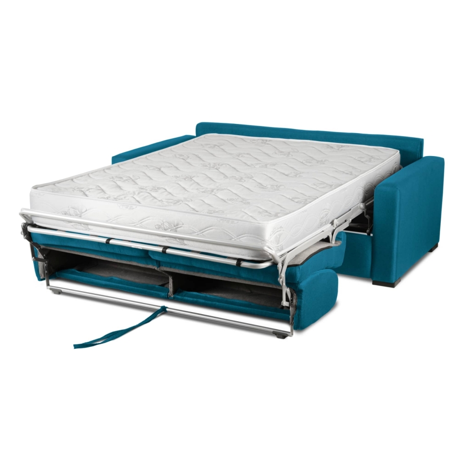 Canapé convertible 3 places en tissu bleu pétrole ouverture express matelas 18 cm