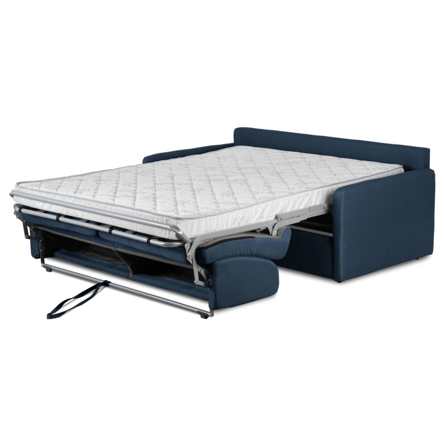 Canapé convertible 3 places en tissu bleu denim ouverture express, accoudoirs slim