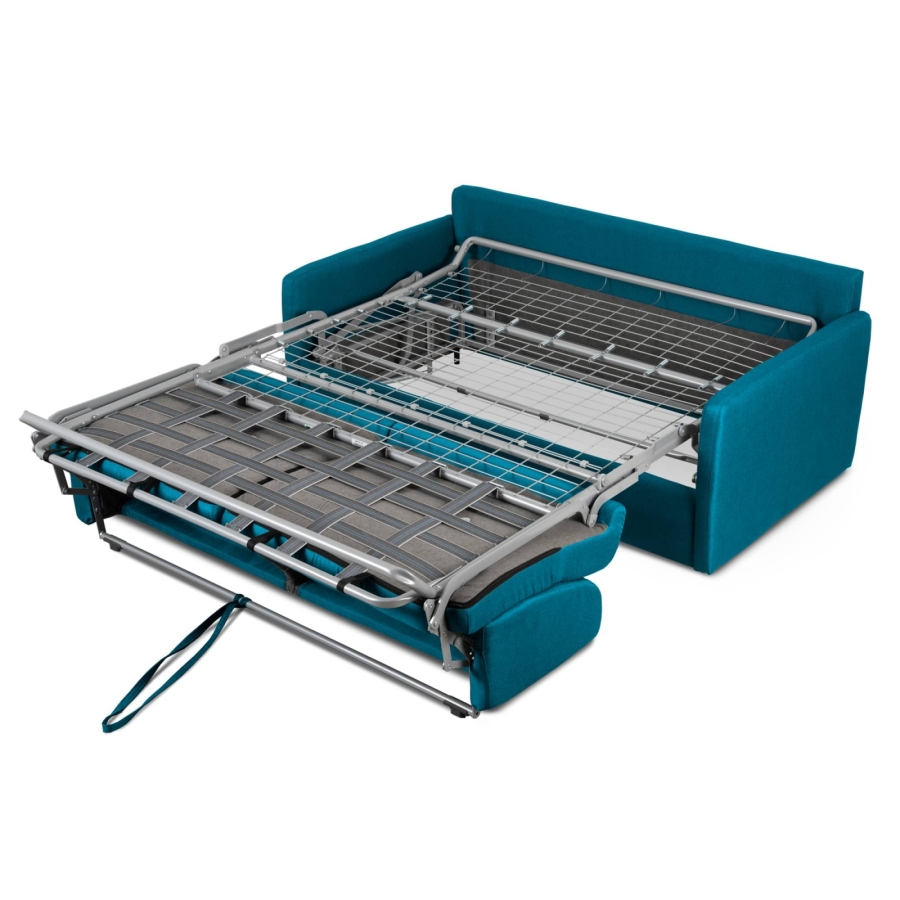 Canapé convertible 3 places en tissu bleu pétrole ouverture express, accoudoirs slim