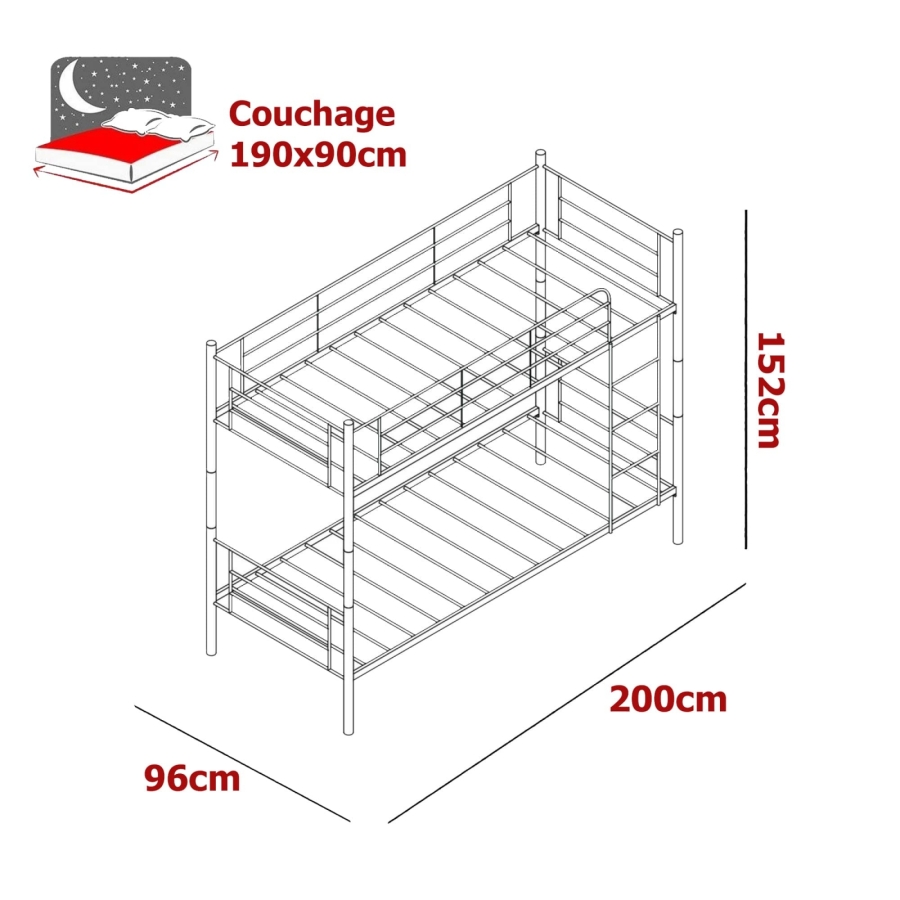 Lit superposé 90x190 cm en métal avec sommier