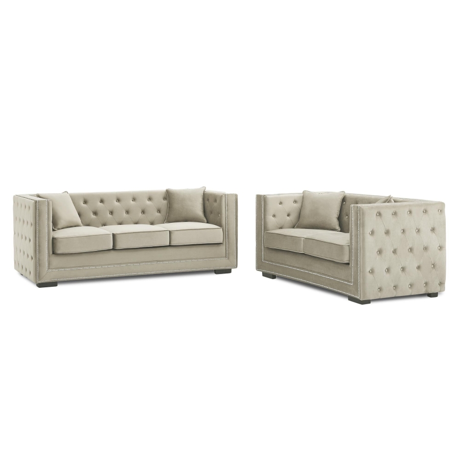 Canapé chesterfield 3 places en velours beige