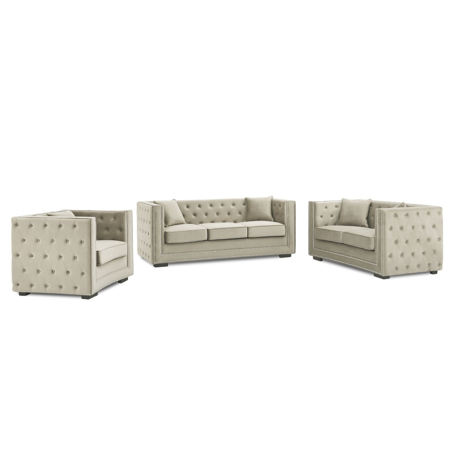 Canapé chesterfield 3 places en velours beige