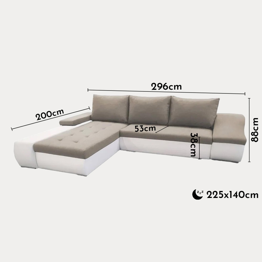 Canapé d’angle convertible coffre de rangement en tissu beige et simili blanc – Angle Gauche