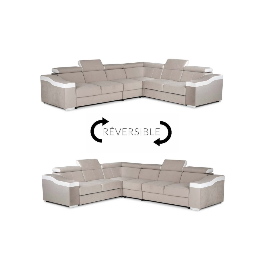 Canapé d’angle convertible réversible en tissu velours beige et simili cuir blanc