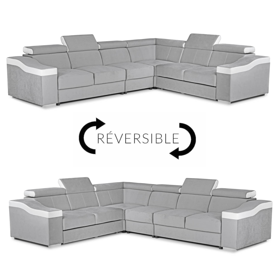 Canapé d’angle convertible réversible en tissu velours gris clair et simili cuir blanc