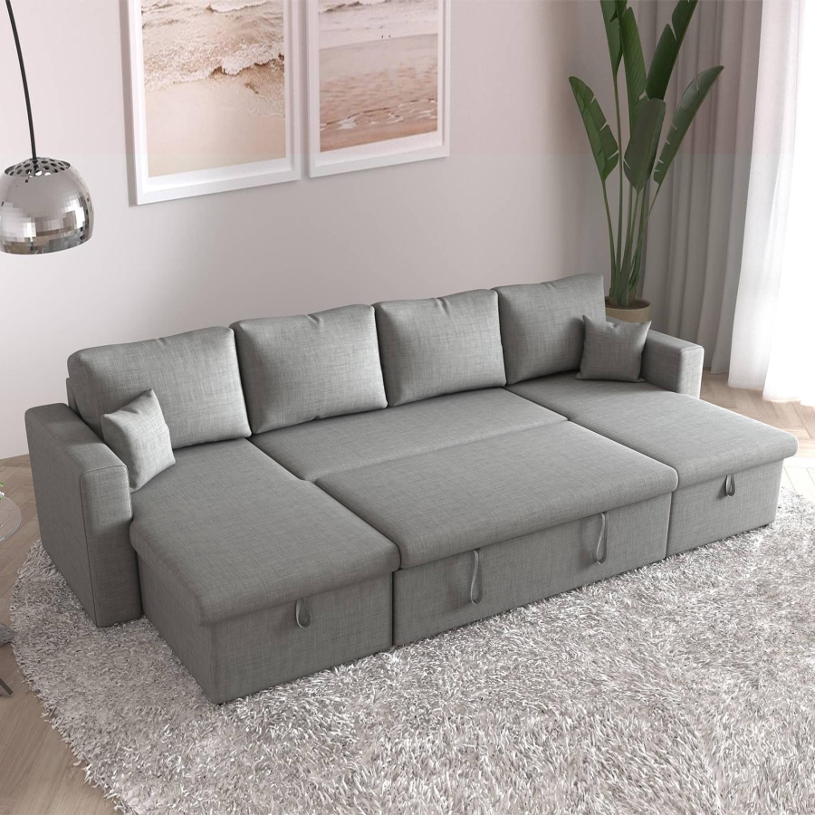 Canapé d’angle convertible coffre de rangement en tissu gris