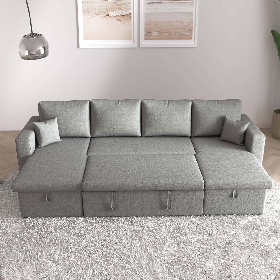 Canapé d’angle convertible coffre de rangement en tissu gris