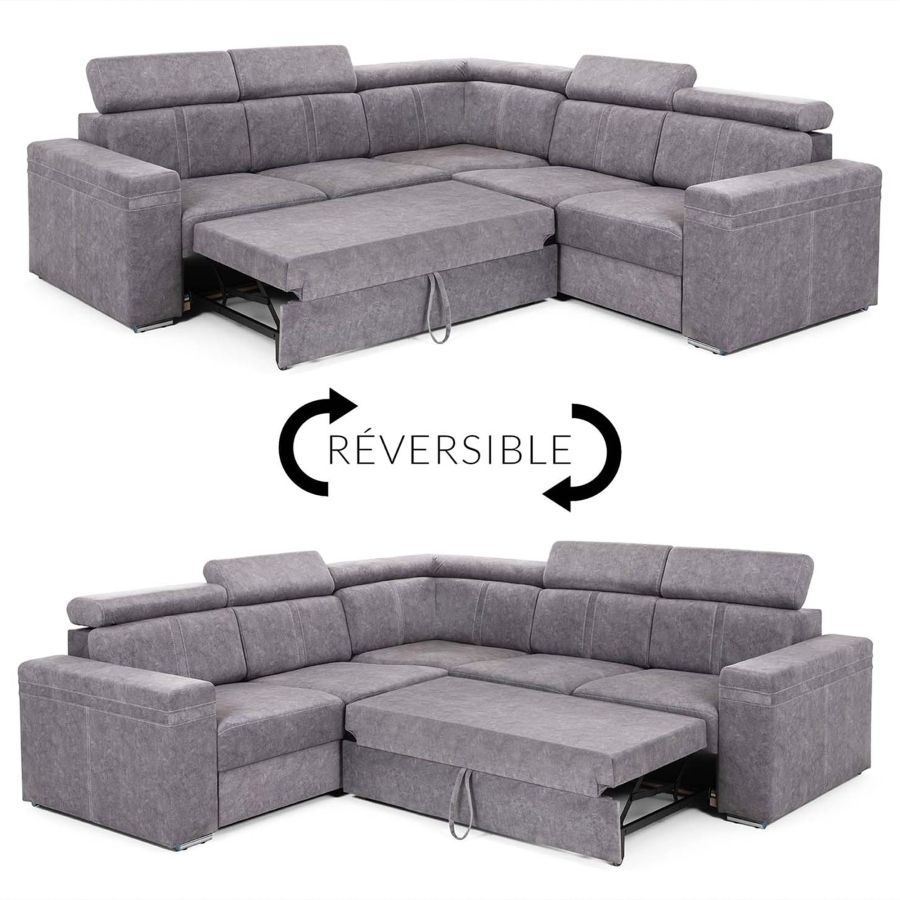 Canapé d'angle convertible et réversible en tissu gris clair