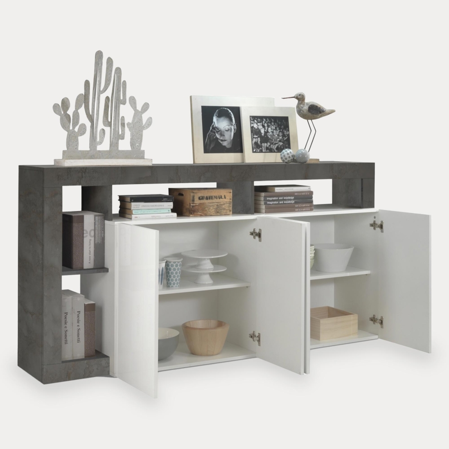 Buffet 4 portes et 4 niches gris et blanc